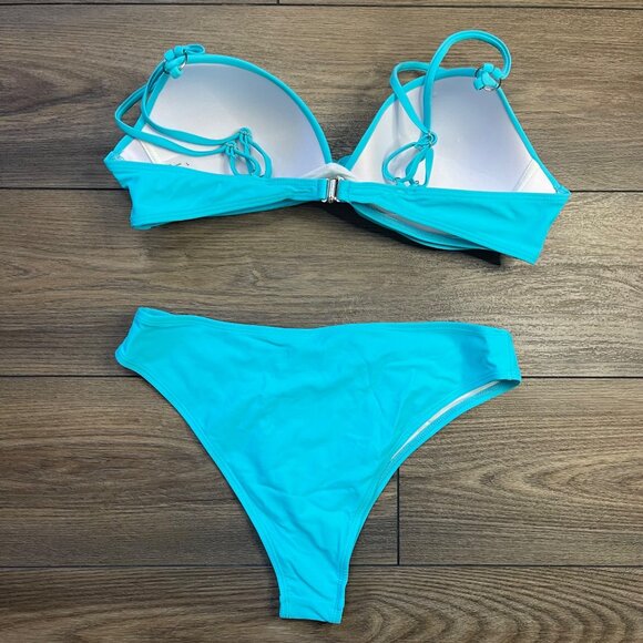 Shein Bikini Set Women's Large Front Twist Detail Push Up Bra Double Straps Blue - Picture 2 of 5